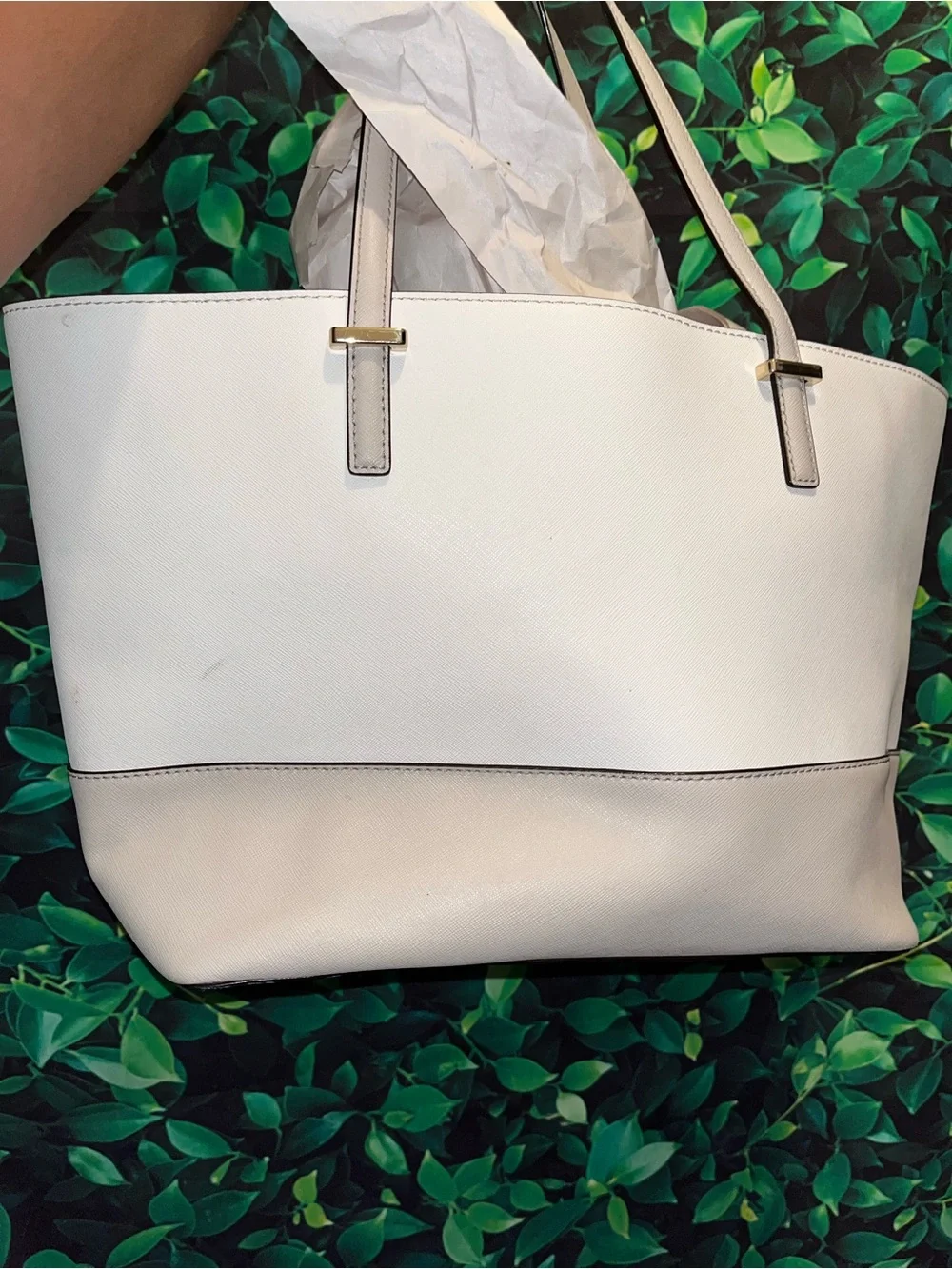 kate spade White Two-Tone Leather Tote with Gold Accents